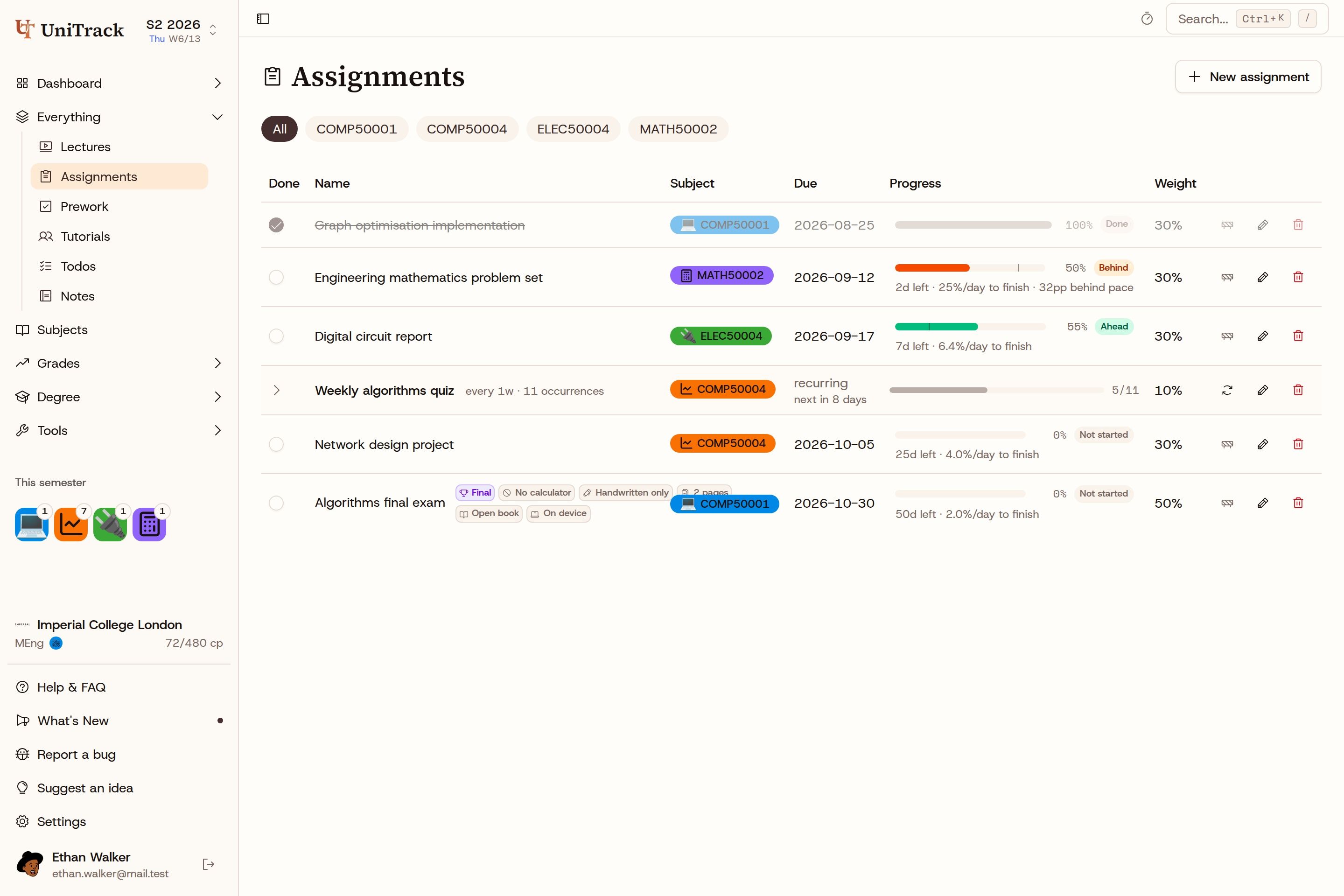 Real assignments list showing deadlines, progress and a recurring weekly quiz