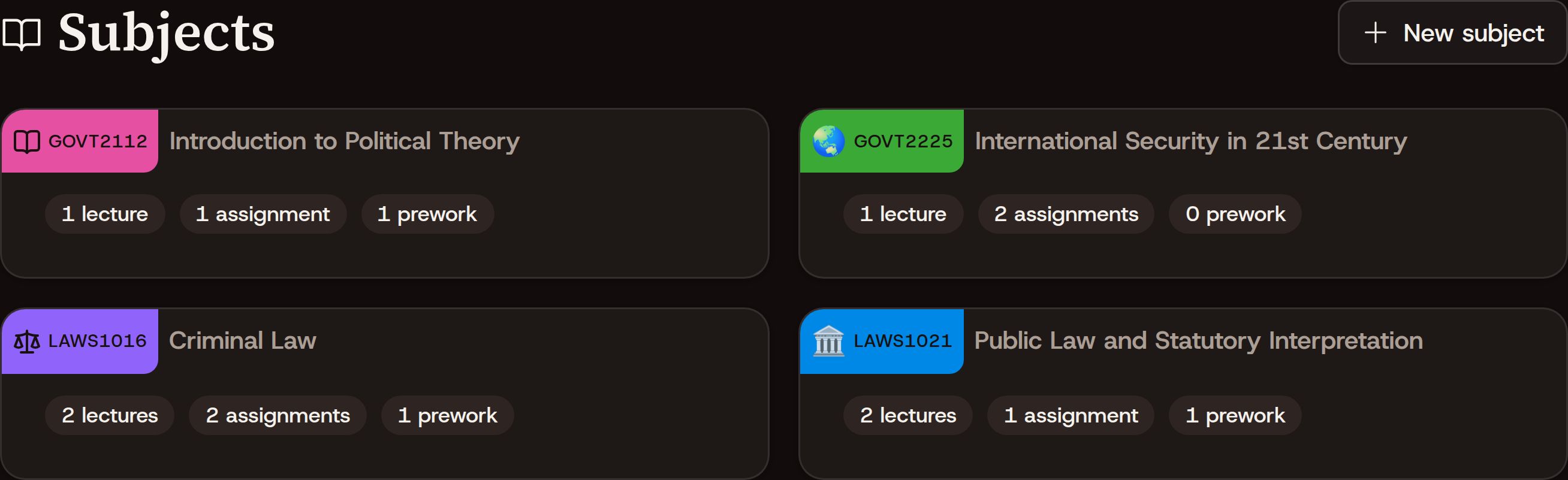 UniTrack subjects with individual colours, course names and coursework counts