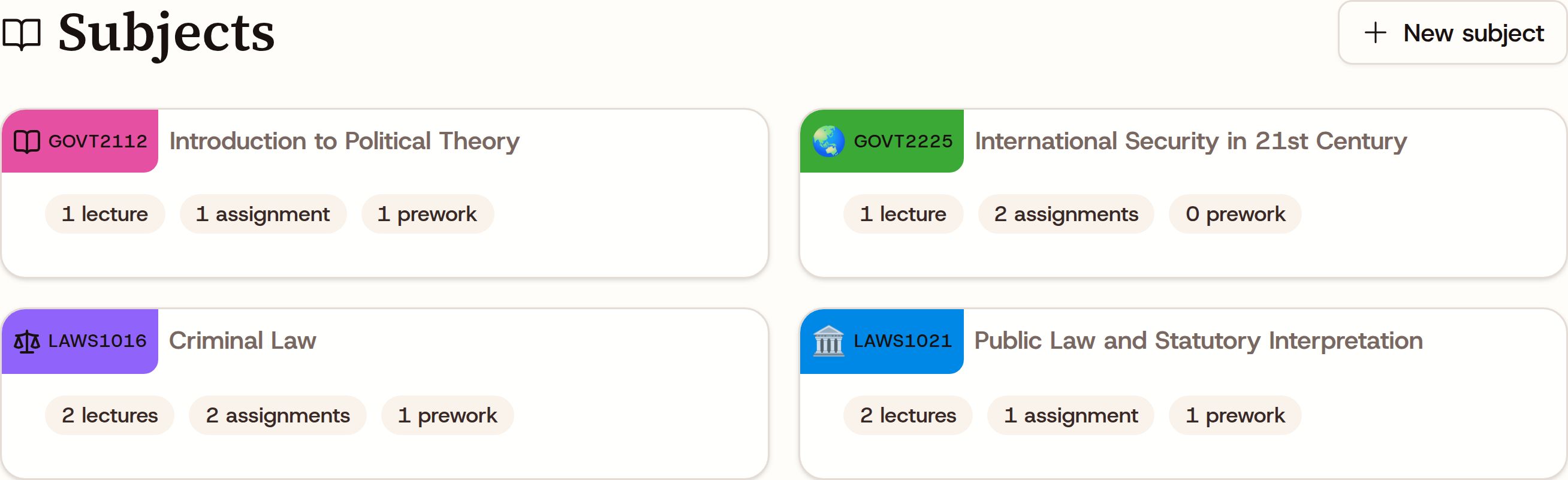 UniTrack subjects with individual colours, course names and coursework counts