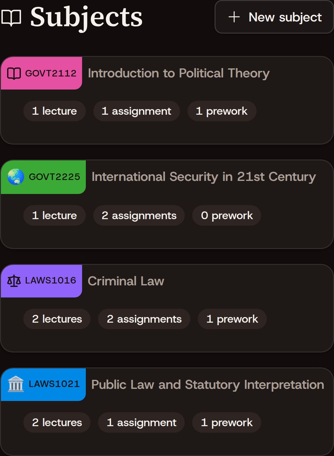 UniTrack subjects with individual colours, course names and coursework counts