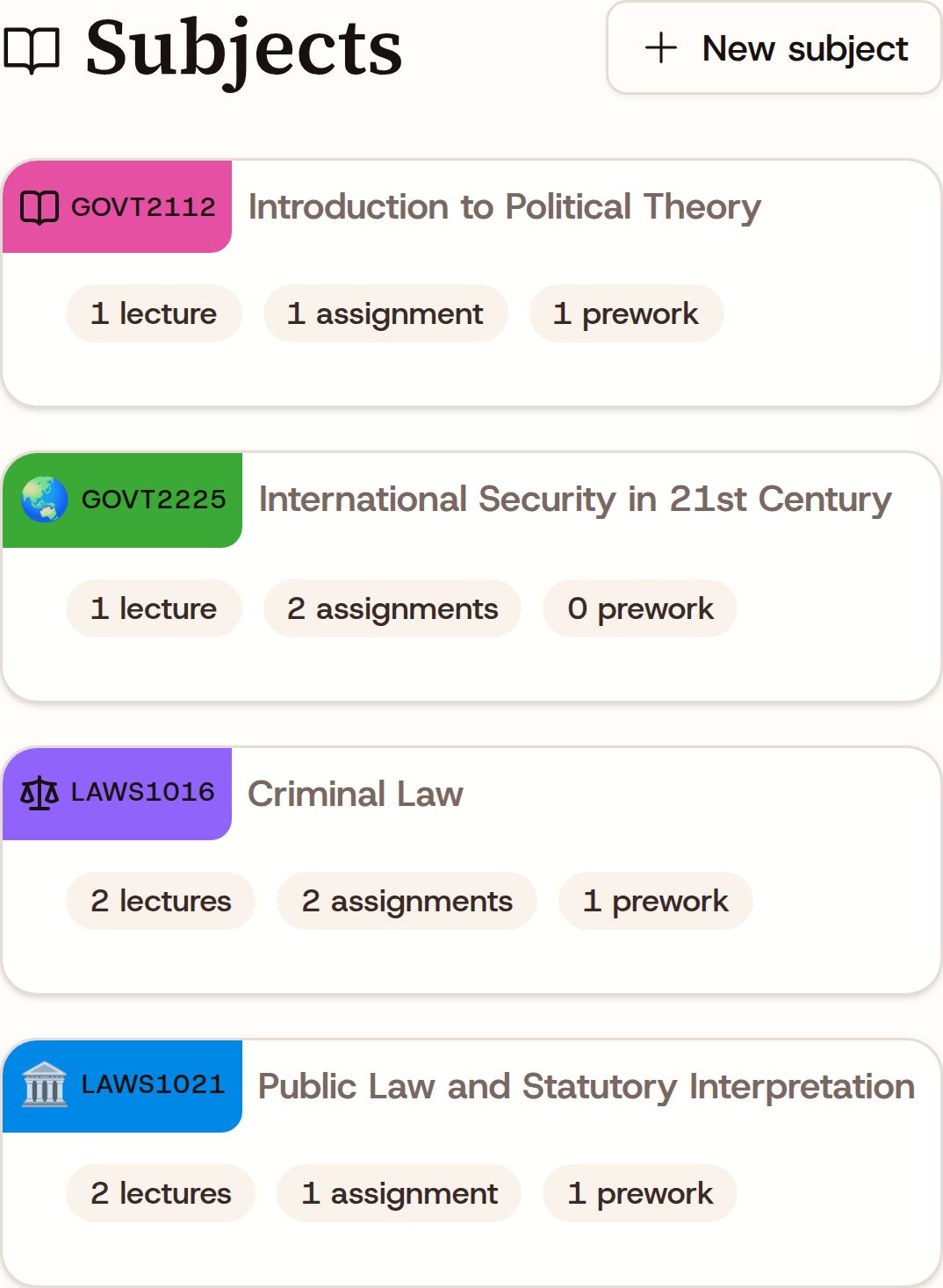 UniTrack subjects with individual colours, course names and coursework counts