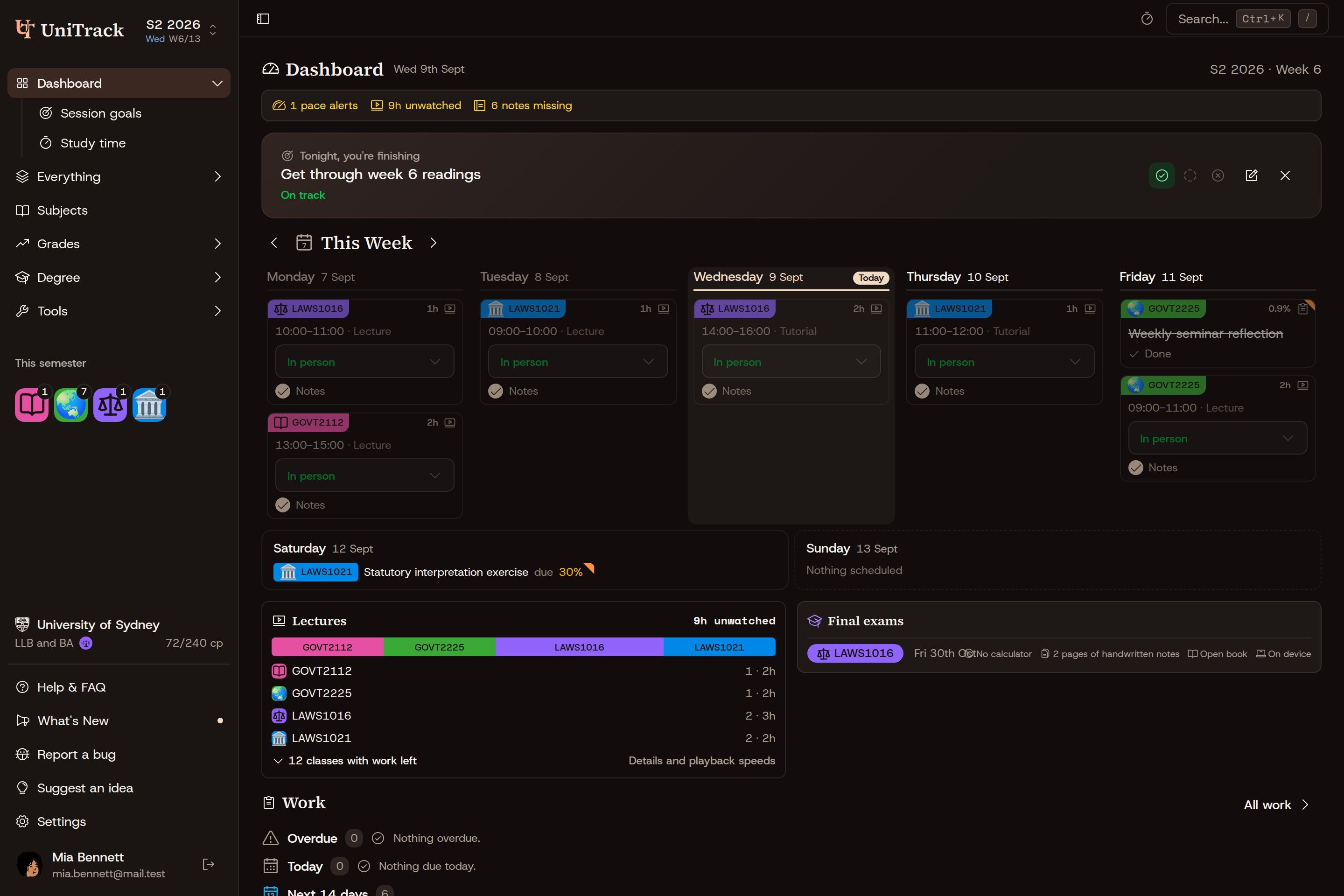 UniTrack dashboard with Mia's law and Arts subjects, weekly calendar and upcoming assessments