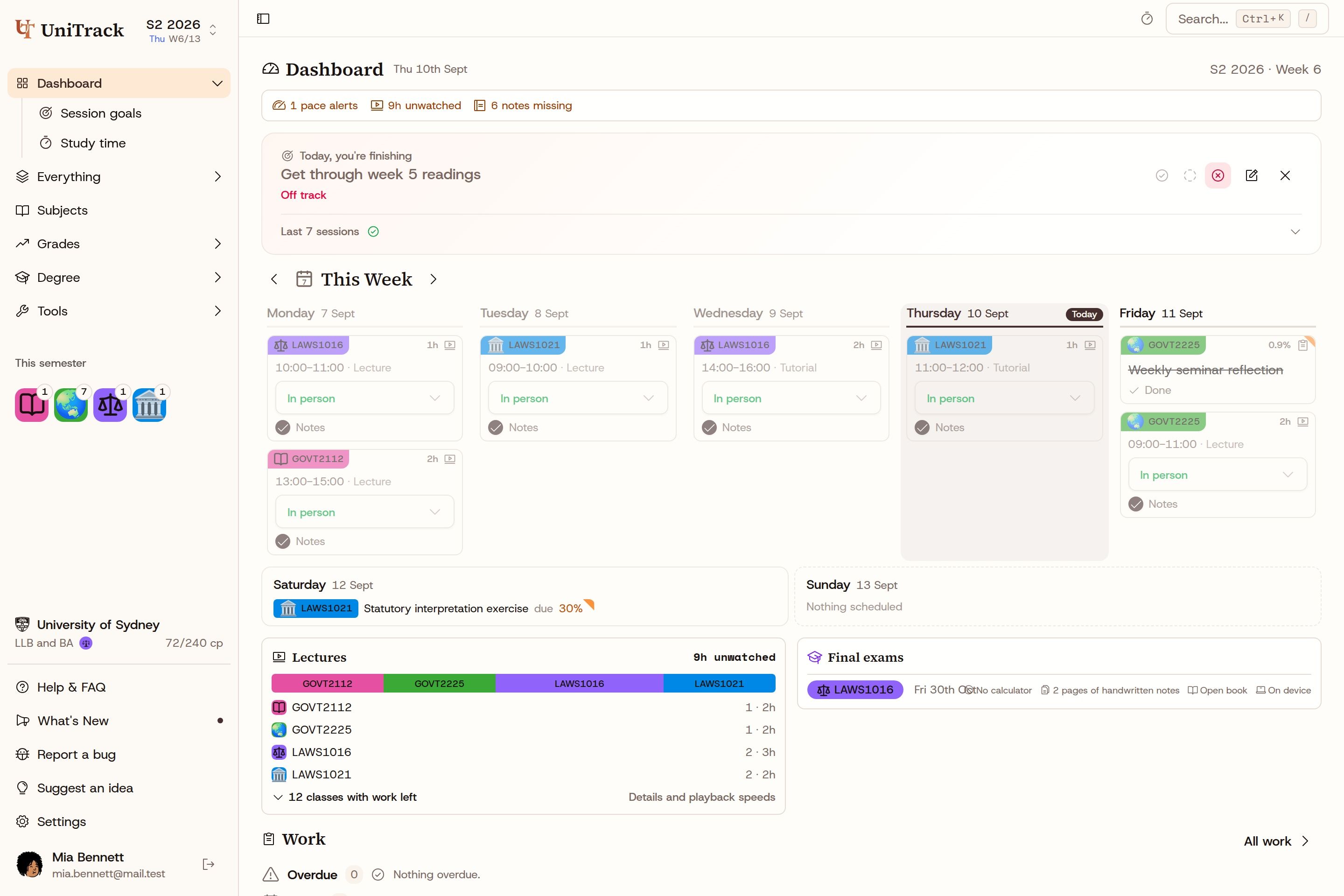UniTrack dashboard with Mia's law and Arts subjects, weekly calendar and upcoming assessments