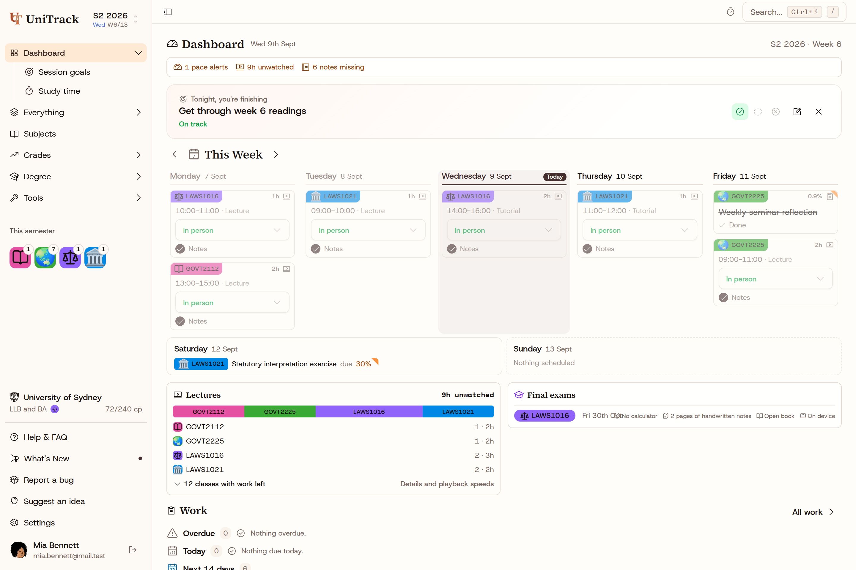 UniTrack dashboard with Mia's law and Arts subjects, weekly calendar and upcoming assessments