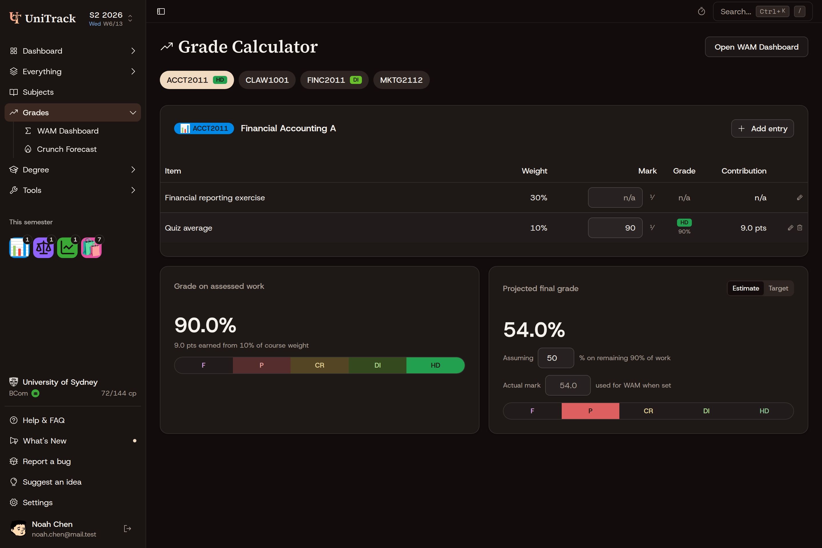 Noah's business grade calculator showing assessment marks and a projected final grade