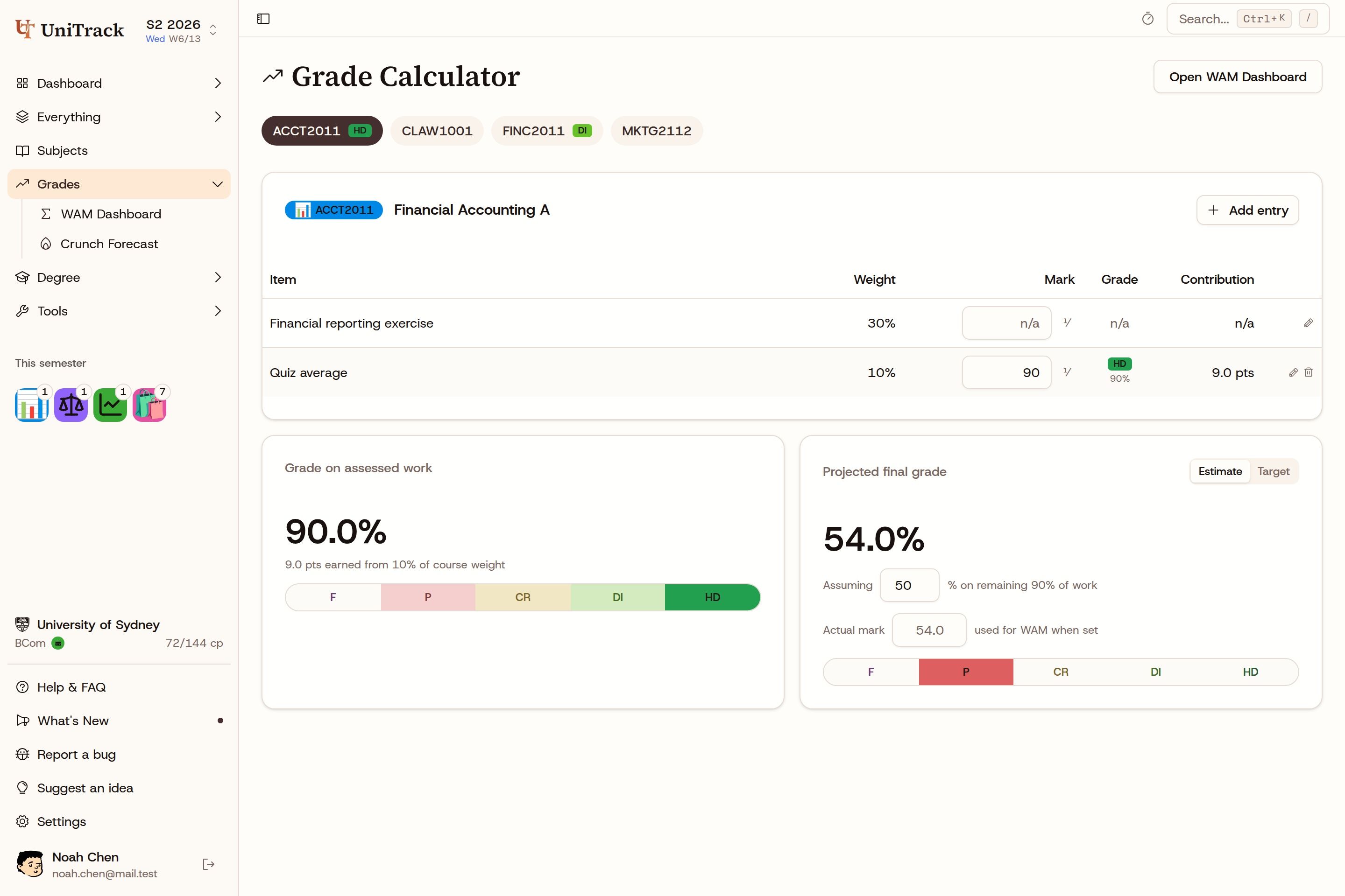 Noah's business grade calculator showing assessment marks and a projected final grade