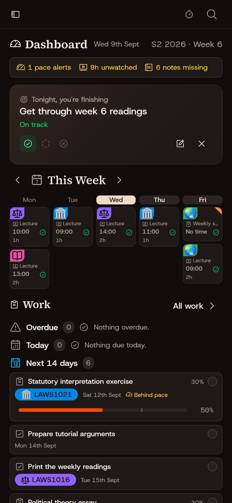 UniTrack dashboard on a phone, showing today's study plan and upcoming work
