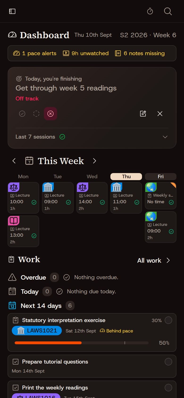 UniTrack dashboard on a phone, showing today's study plan and upcoming work