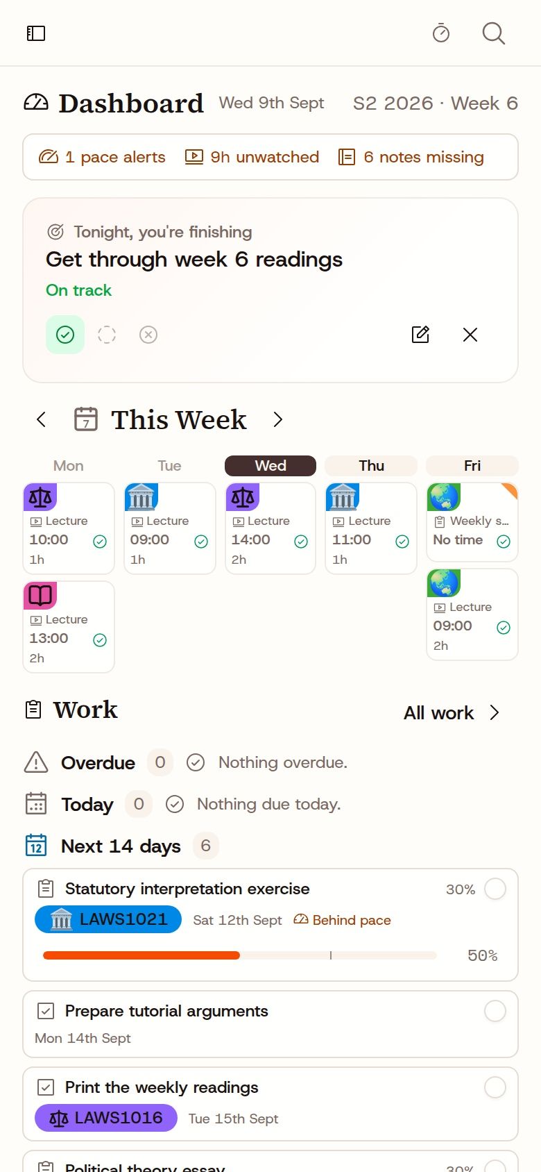 UniTrack dashboard on a phone, showing today's study plan and upcoming work