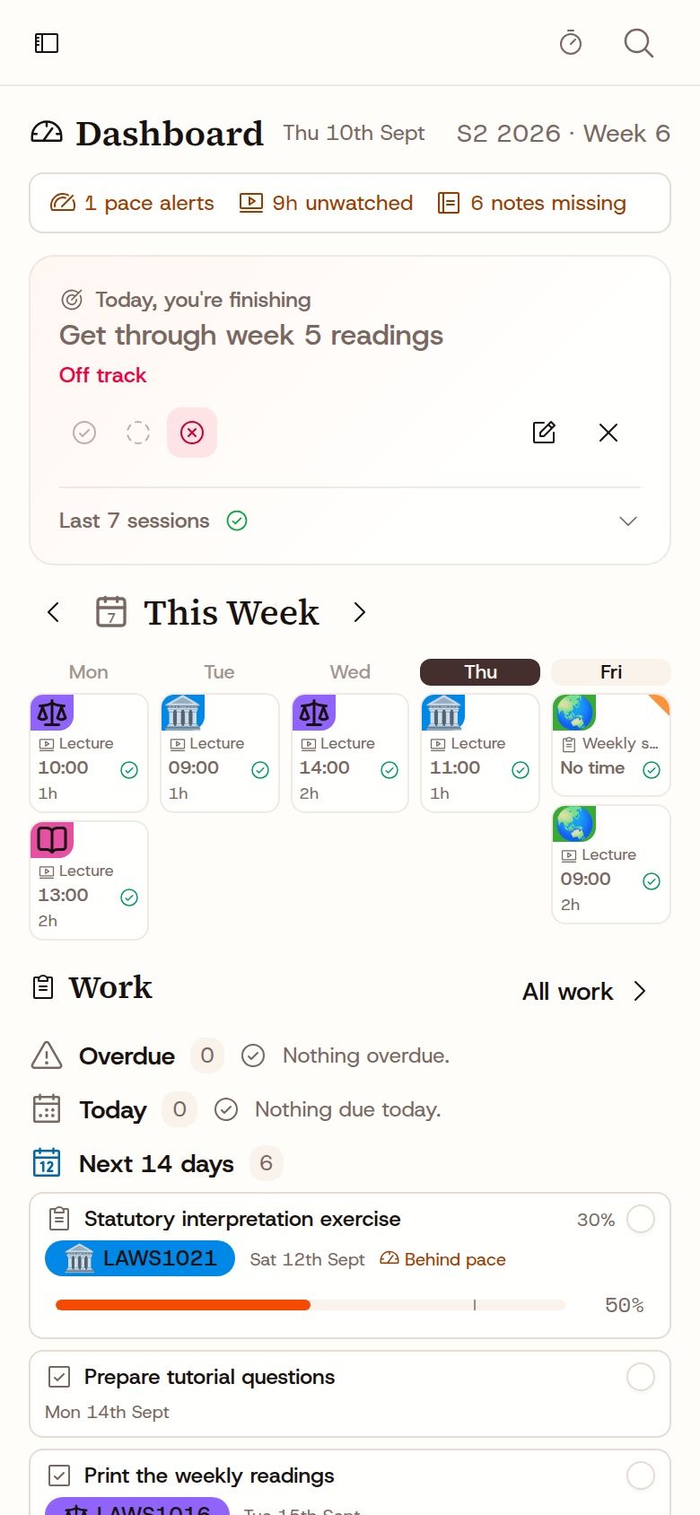 UniTrack dashboard on a phone, showing today's study plan and upcoming work