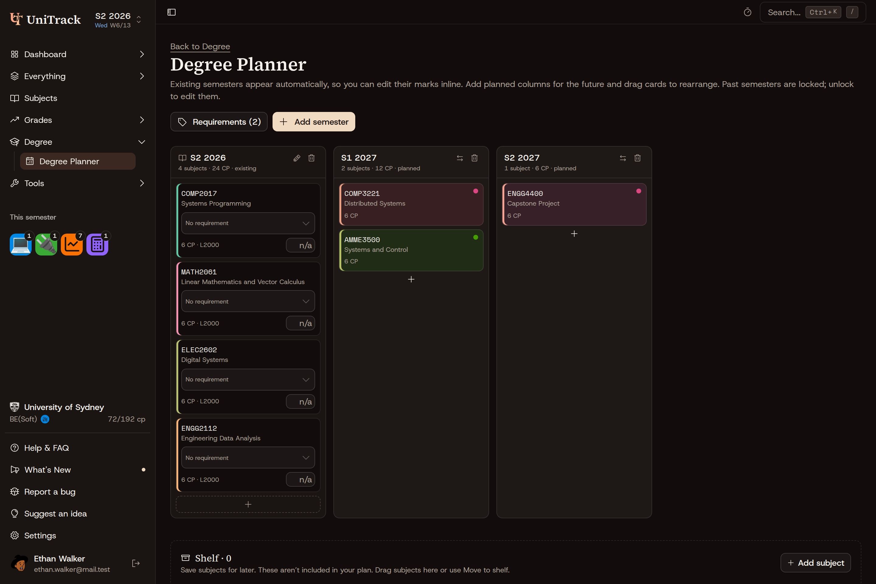 UniTrack degree planner with real sample subjects arranged across three semesters