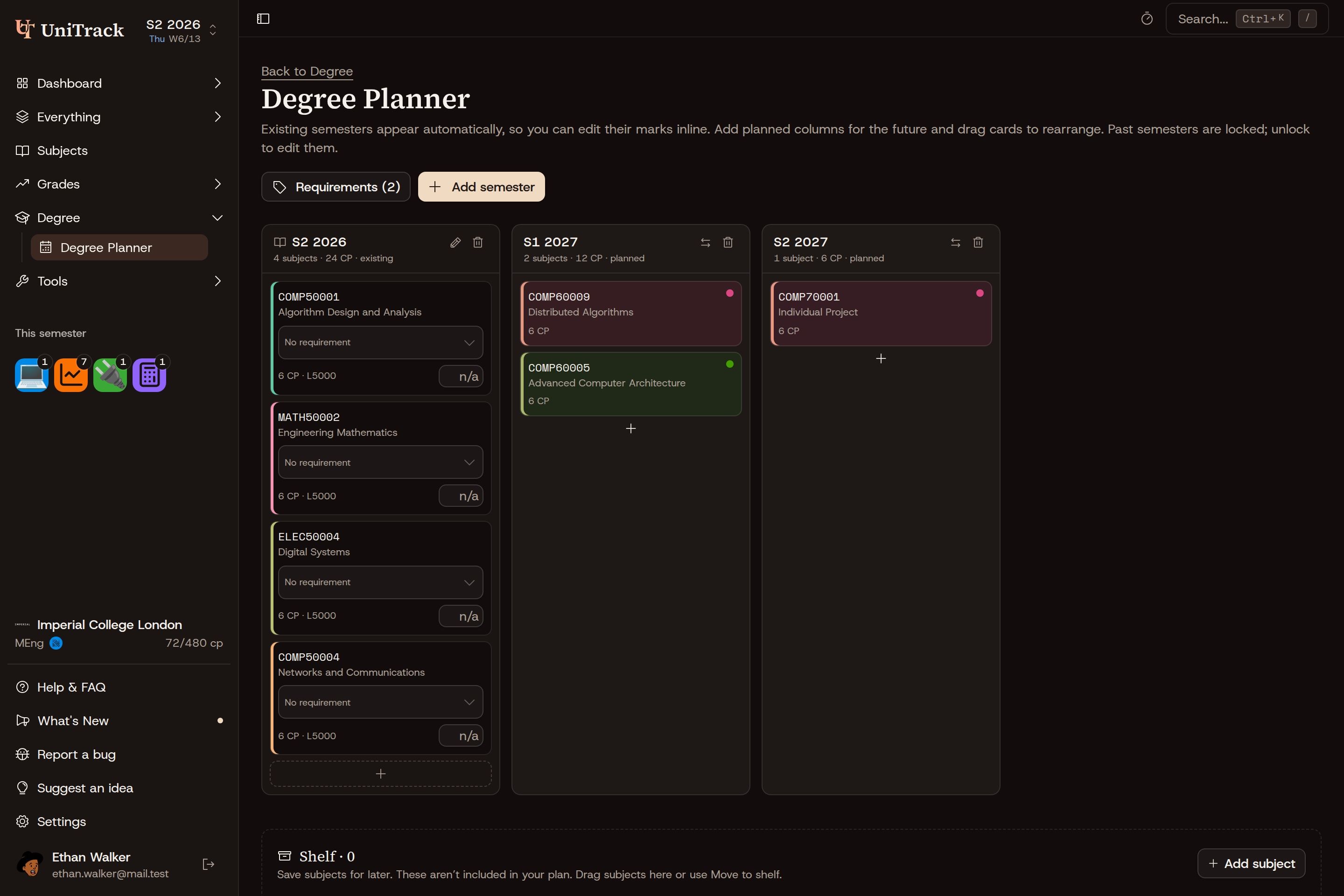 UniTrack degree planner with real sample subjects arranged across three semesters
