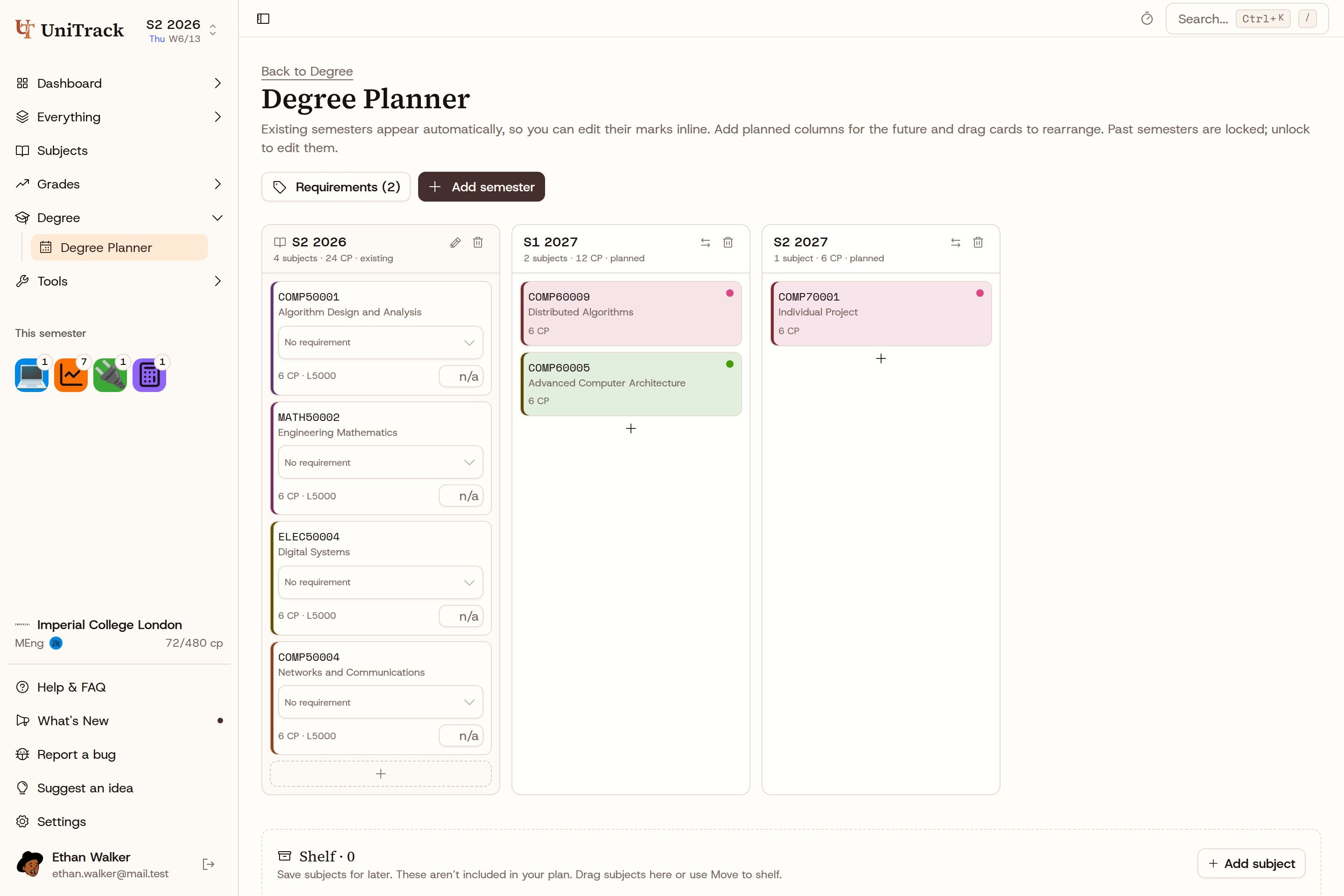 UniTrack degree planner with real sample subjects arranged across three semesters