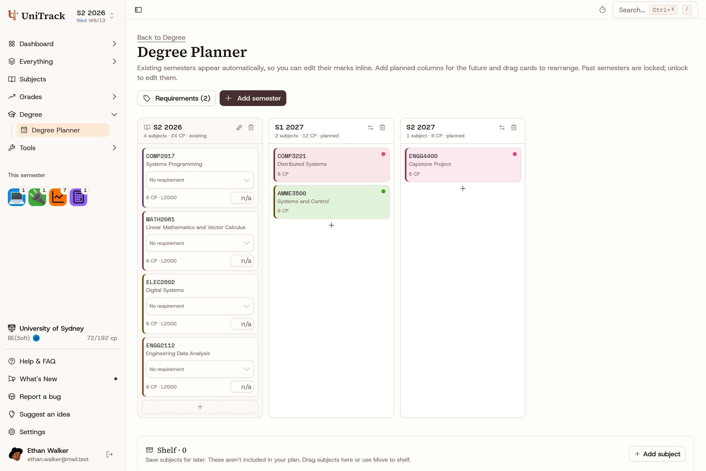 UniTrack degree planner with real sample subjects arranged across three semesters